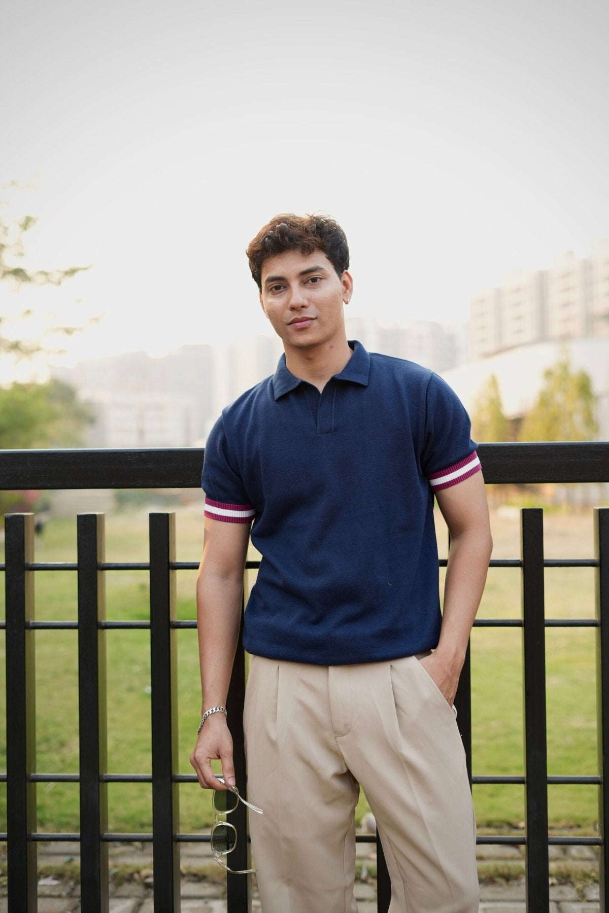 Knitted Polo T-Shirt – Navy Blue with Maroon & White Rib image 1