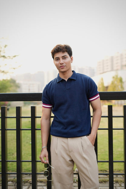 Knitted Polo T-Shirt – Navy Blue with Maroon & White Rib image 1