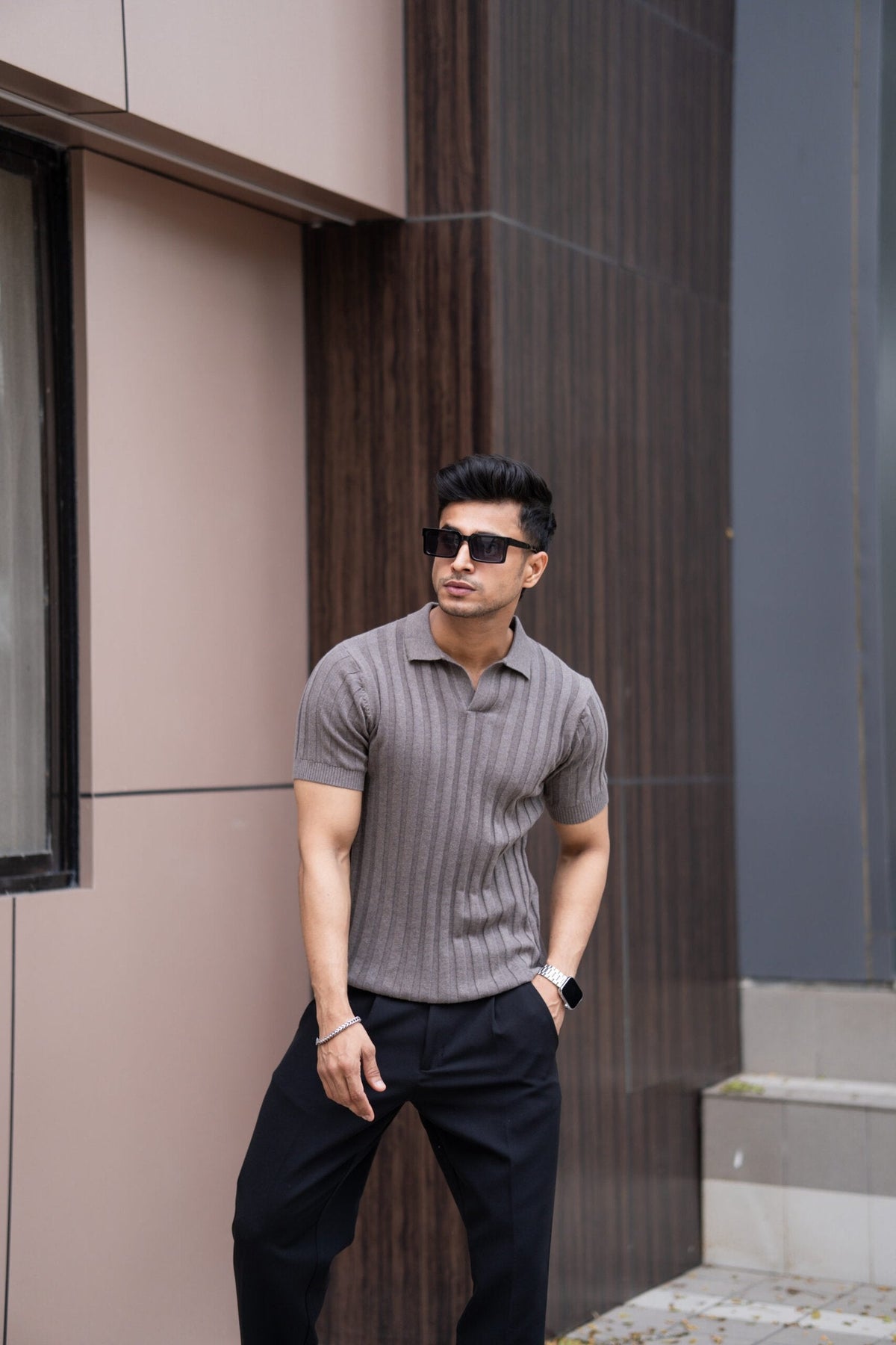 RIBBED KNITTED CHARCOAL HALF SLEEVES POLO T-SHIRT image 2
