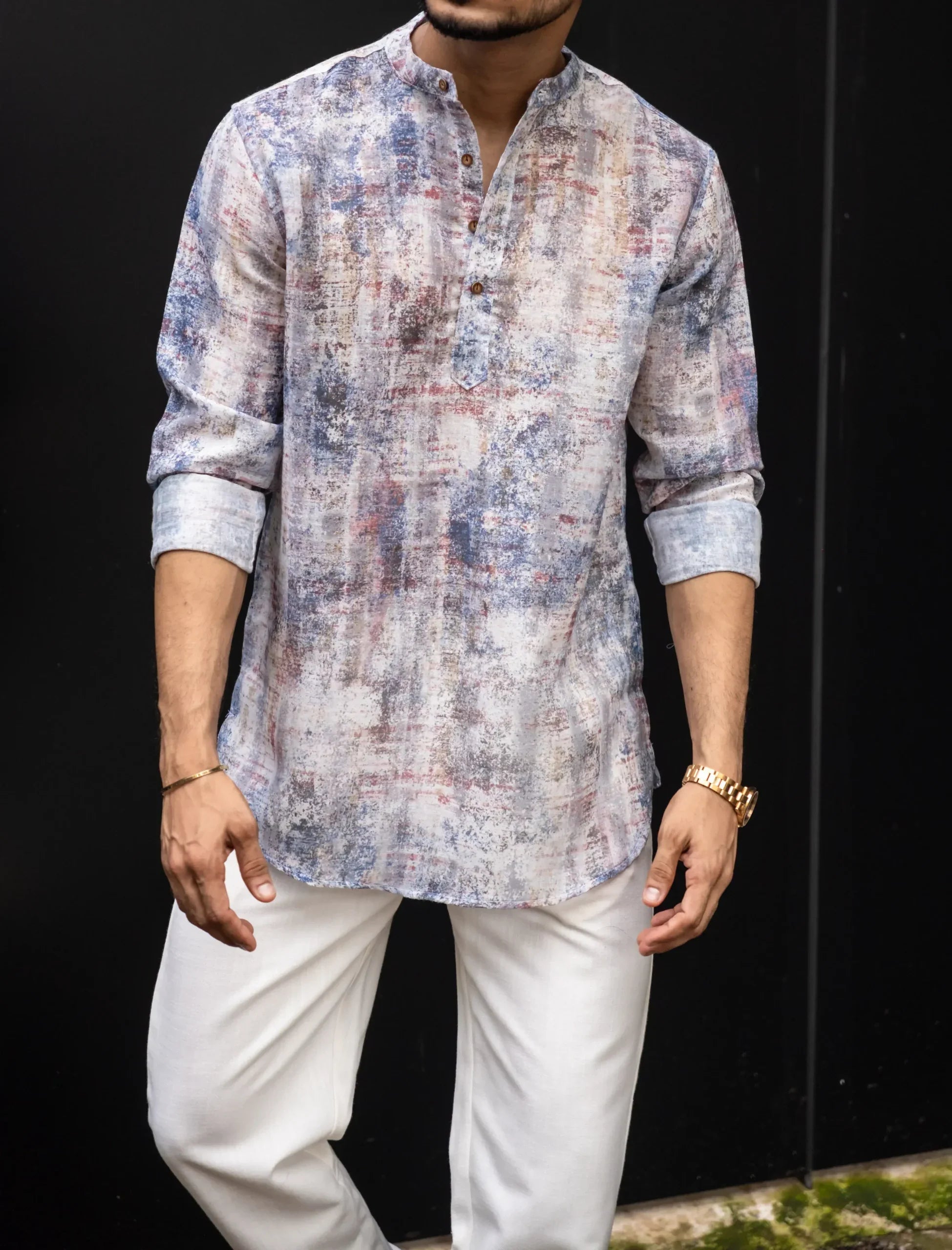 Blue Abstract Printed Full Sleeves Kurta image 0