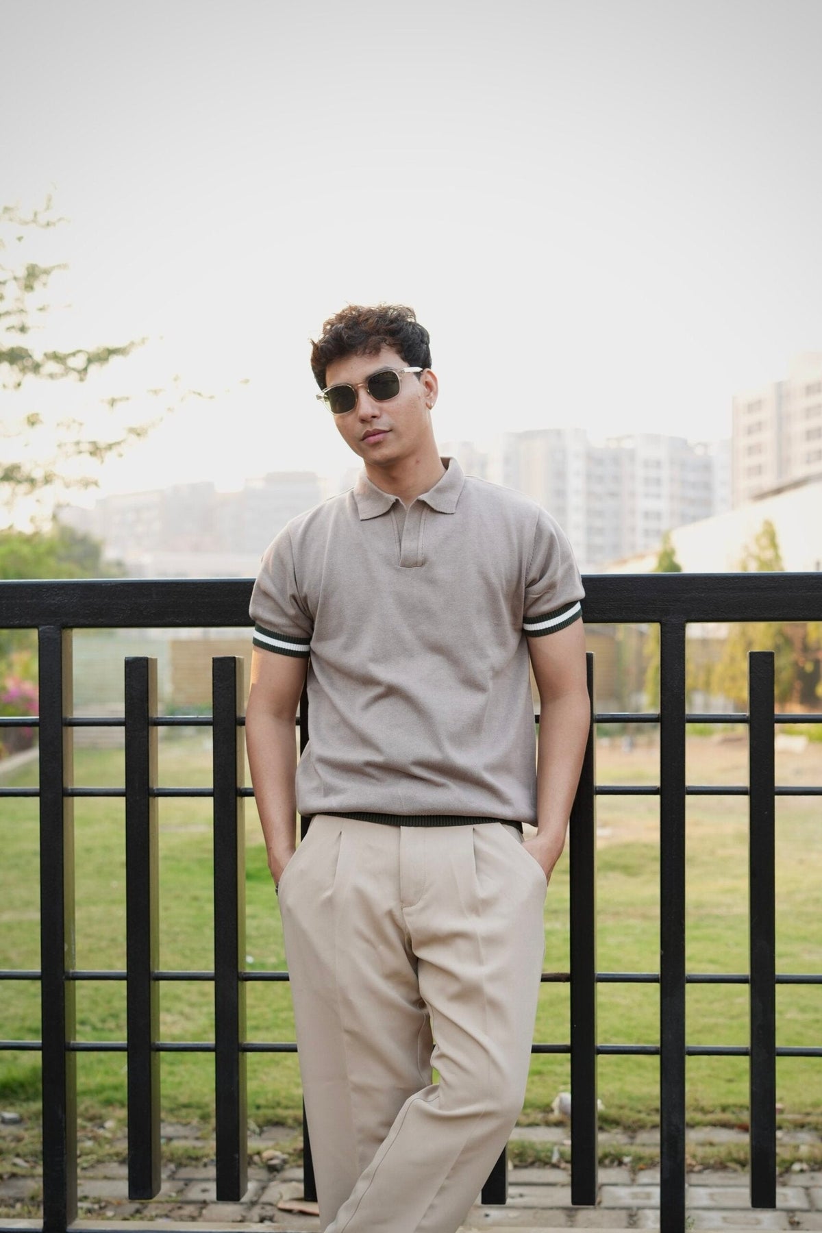 Knitted Polo T-Shirt – Dusty Grey with Green & White Rib image 2