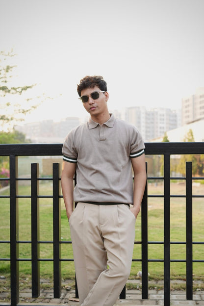 Knitted Polo T-Shirt – Dusty Grey with Green & White Rib image 2