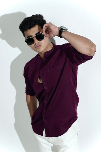 Cotton Linen Chinese Collar Maroon Shirt image 0