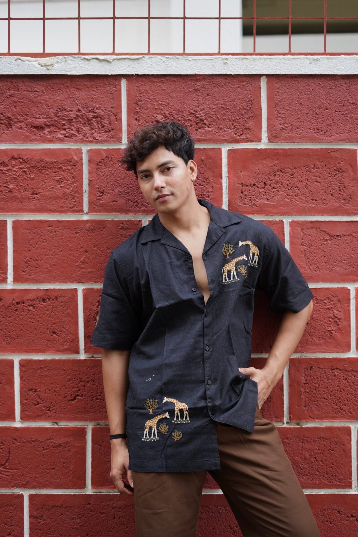Black Giraffe Grove Cuban Collar Shirt With Tree Embroidery image 2