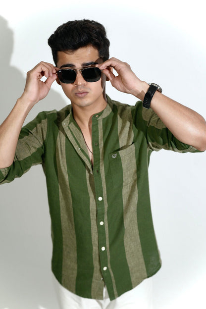 Cotton Linen Chinese Collar Peacock Green Stripes Shirt image 2