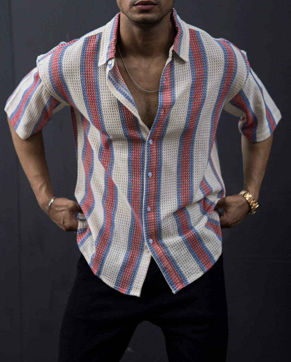 CROCHET RED WHITE STRIPES HALF SLEEVES SHIRT image 2