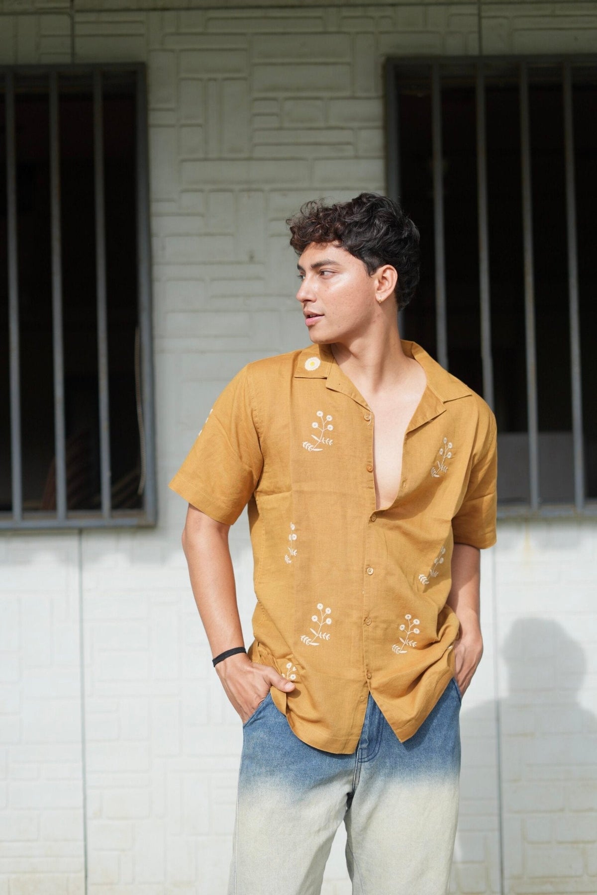 Mustard Yellow Cuban Collar Shirt With Minimal Floral Embroidery image 4