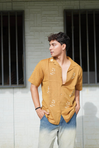 Mustard Yellow Cuban Collar Shirt With Minimal Floral Embroidery image 4