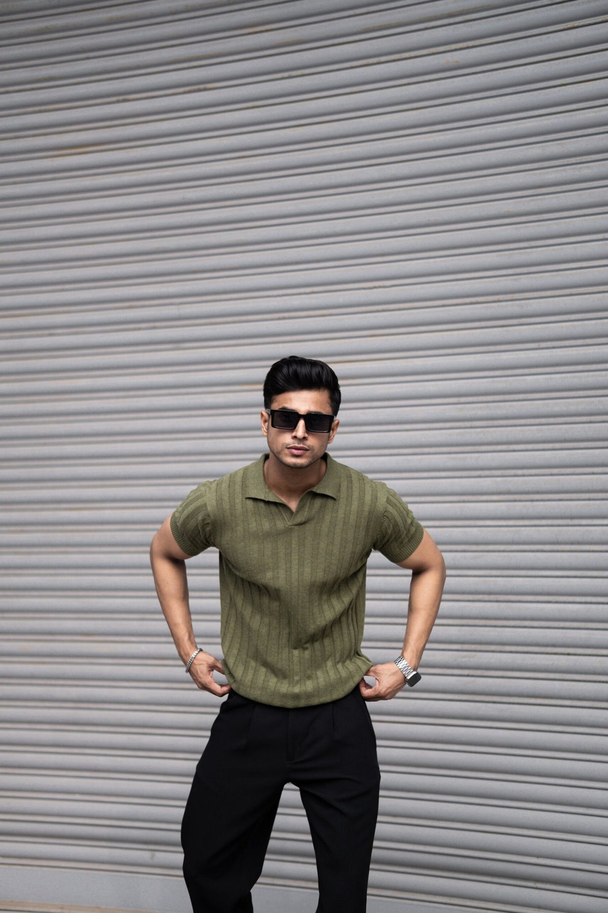 RIBBED KNITTED OLIVE HALF SLEEVES POLO T-SHIRT image 3