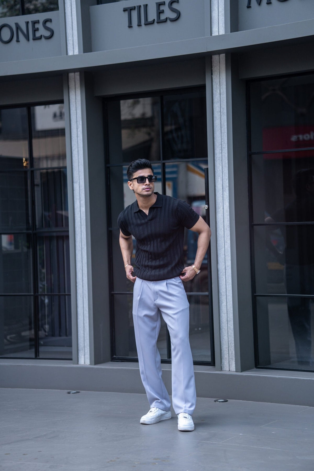 RIBBED KNITTED BLACK HALF SLEEVES POLO T-SHIRT image 2