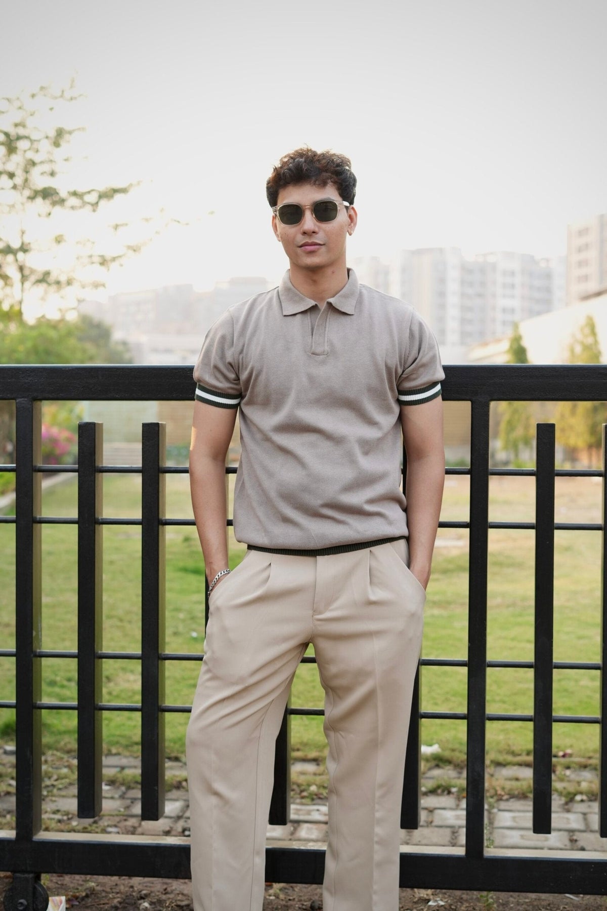 Knitted Polo T-Shirt – Dusty Grey with Green & White Rib image 1