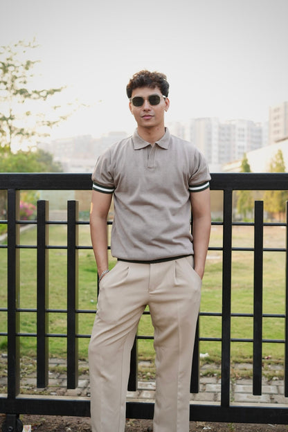 Knitted Polo T-Shirt – Dusty Grey with Green & White Rib image 1