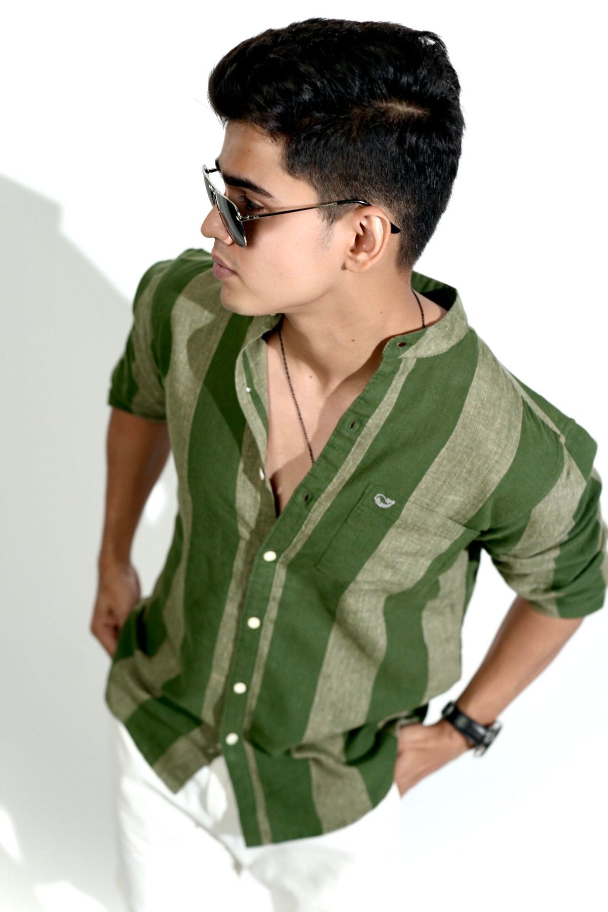Cotton Linen Chinese Collar Peacock Green Stripes Shirt image 1