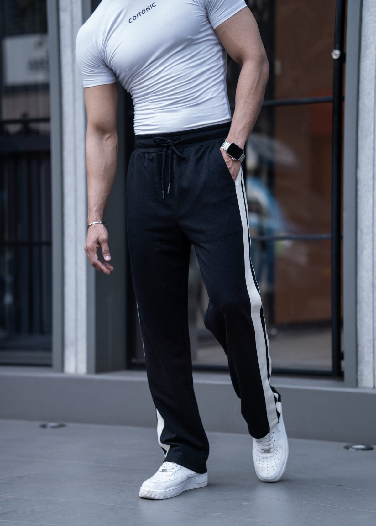 BLACK SIDE SEAM DRAWSTRING WAIST TRACK PANTS image 1