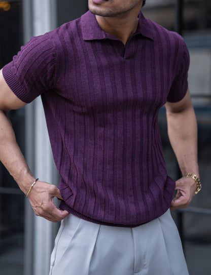 RIBBED KNITTED MAROON HALF SLEEVES POLO T-SHIRT image 2
