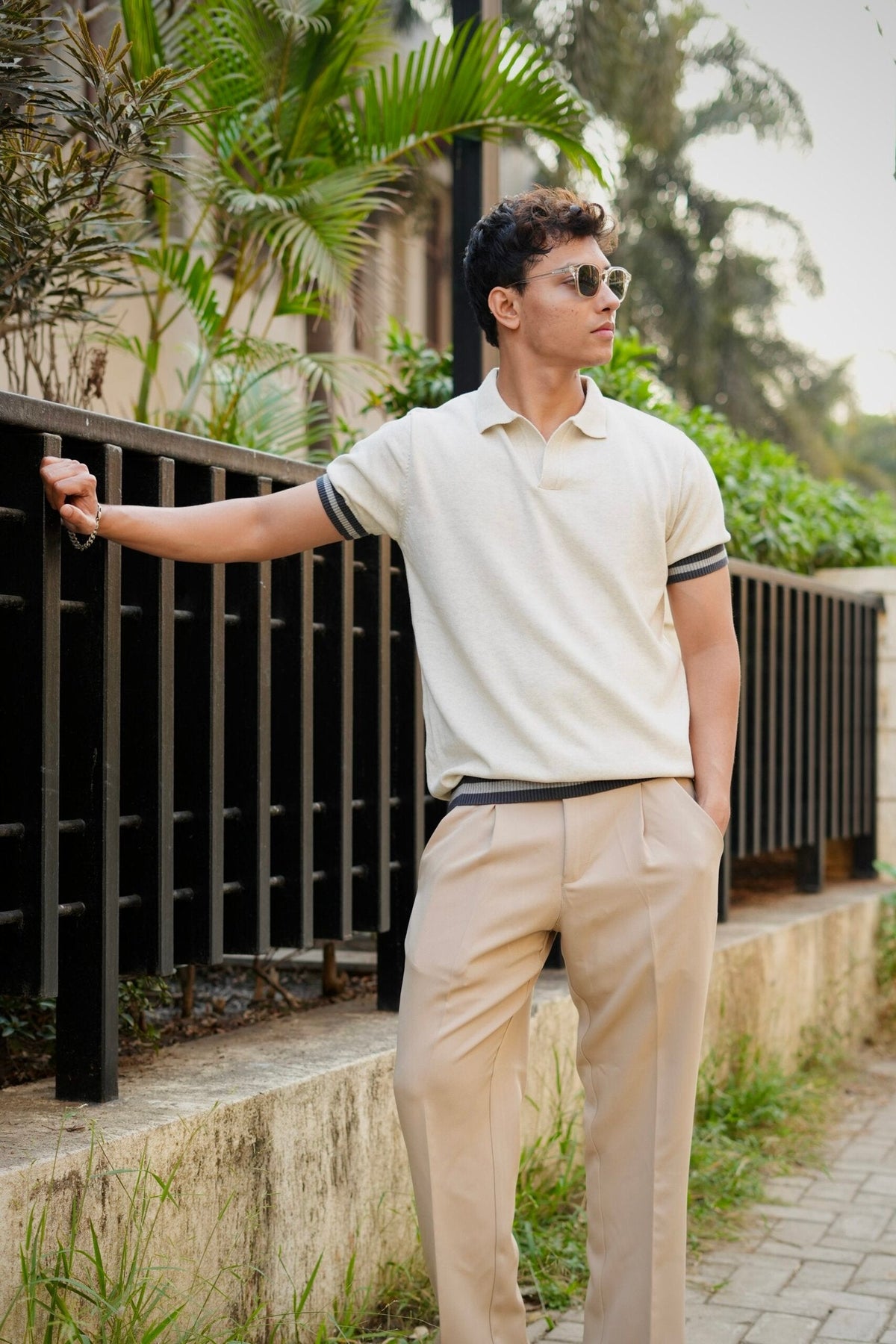Knitted Polo T-Shirt – Off-White with Charcoal Rib image 2