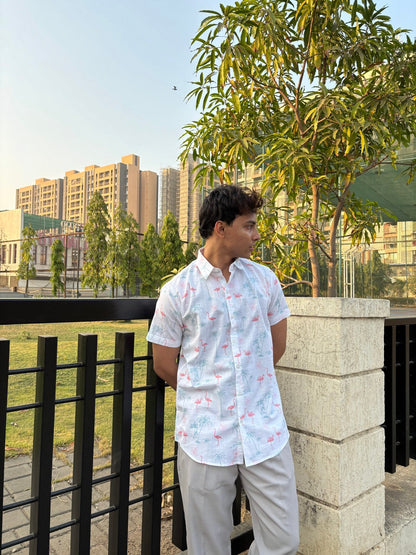 WHITE FLAMINGO PRINT HALF SLEEVES SHIRT image 3
