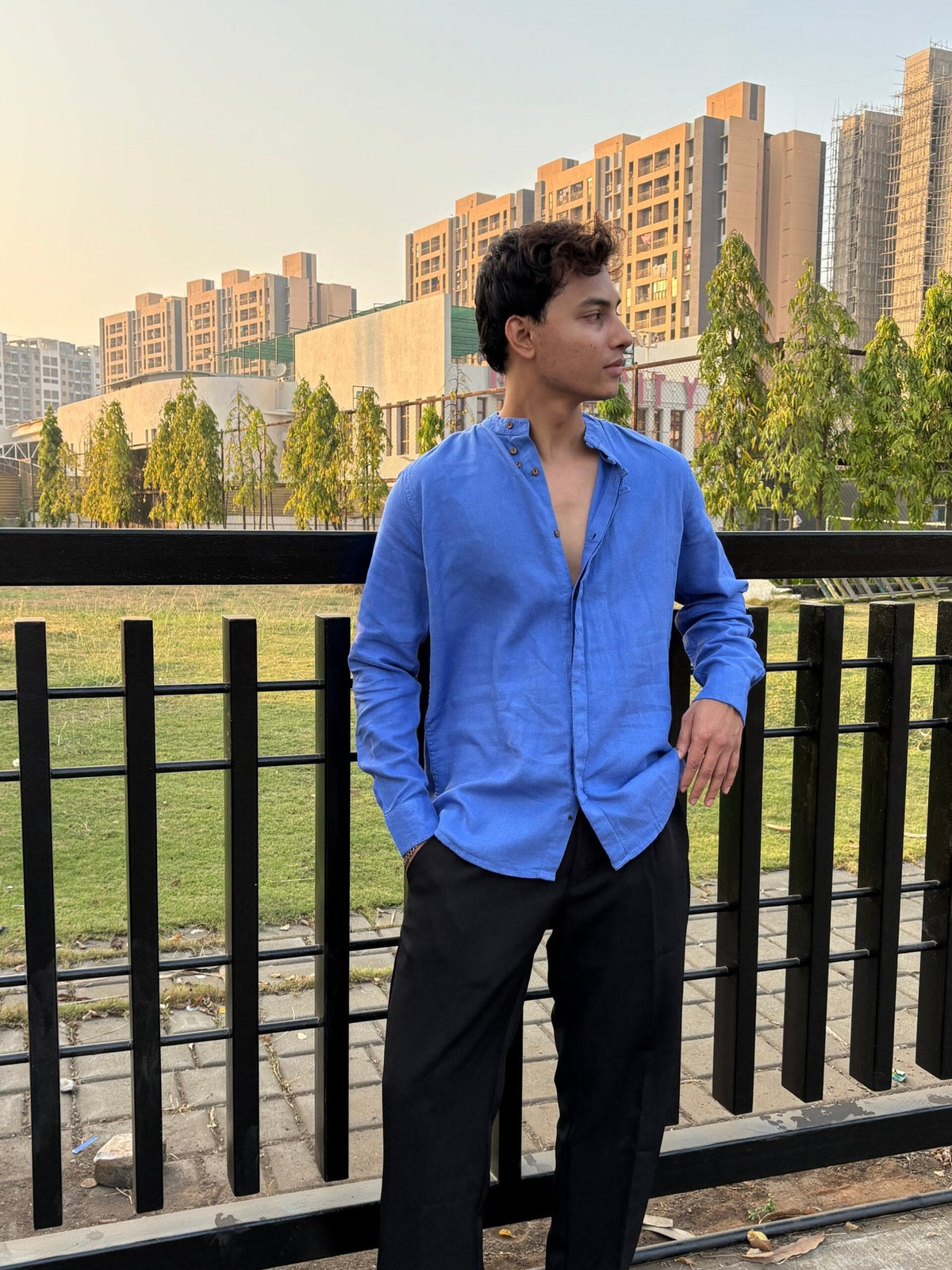 ROYAL BLUE COTTON LINEN CHINESE COLAR SHIRT image 2