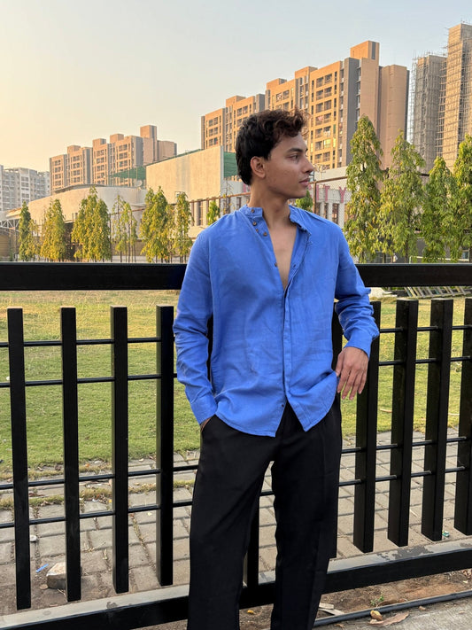 ROYAL BLUE COTTON LINEN CHINESE COLAR SHIRT image 2