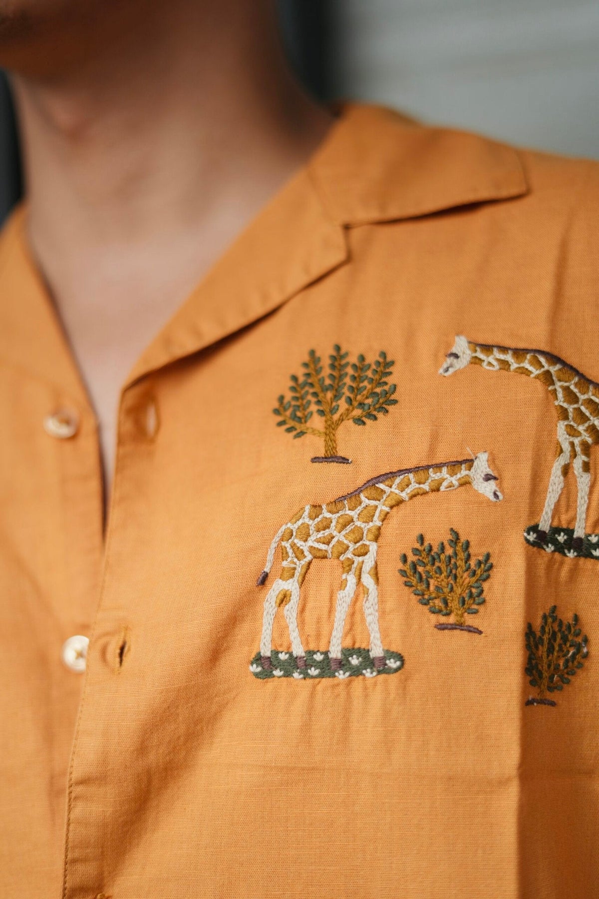 Mustard Yellow Giraffe Grove Cuban Collar Shirt With Tree Embroidery image 3