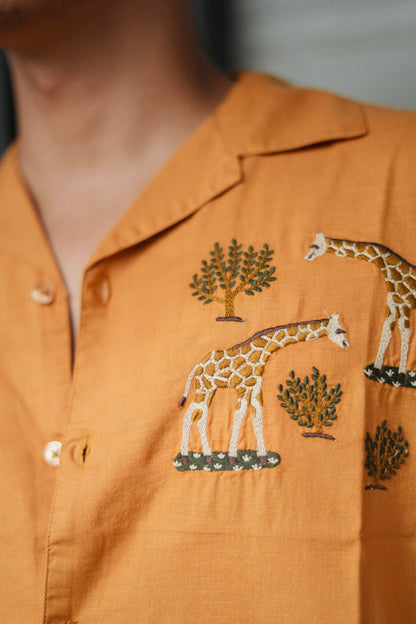 Mustard Yellow Giraffe Grove Cuban Collar Shirt With Tree Embroidery image 3