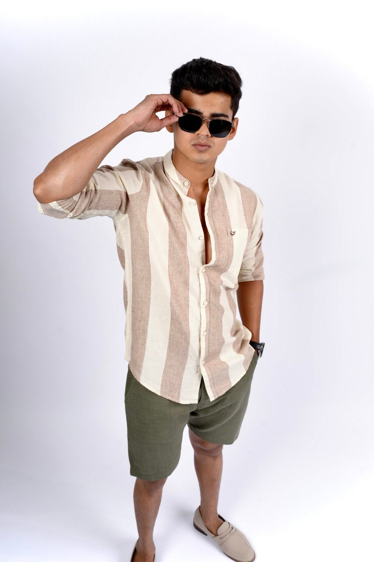 Cotton Linen Chinese Collar Beige And Brown Stripes Shirt image 0