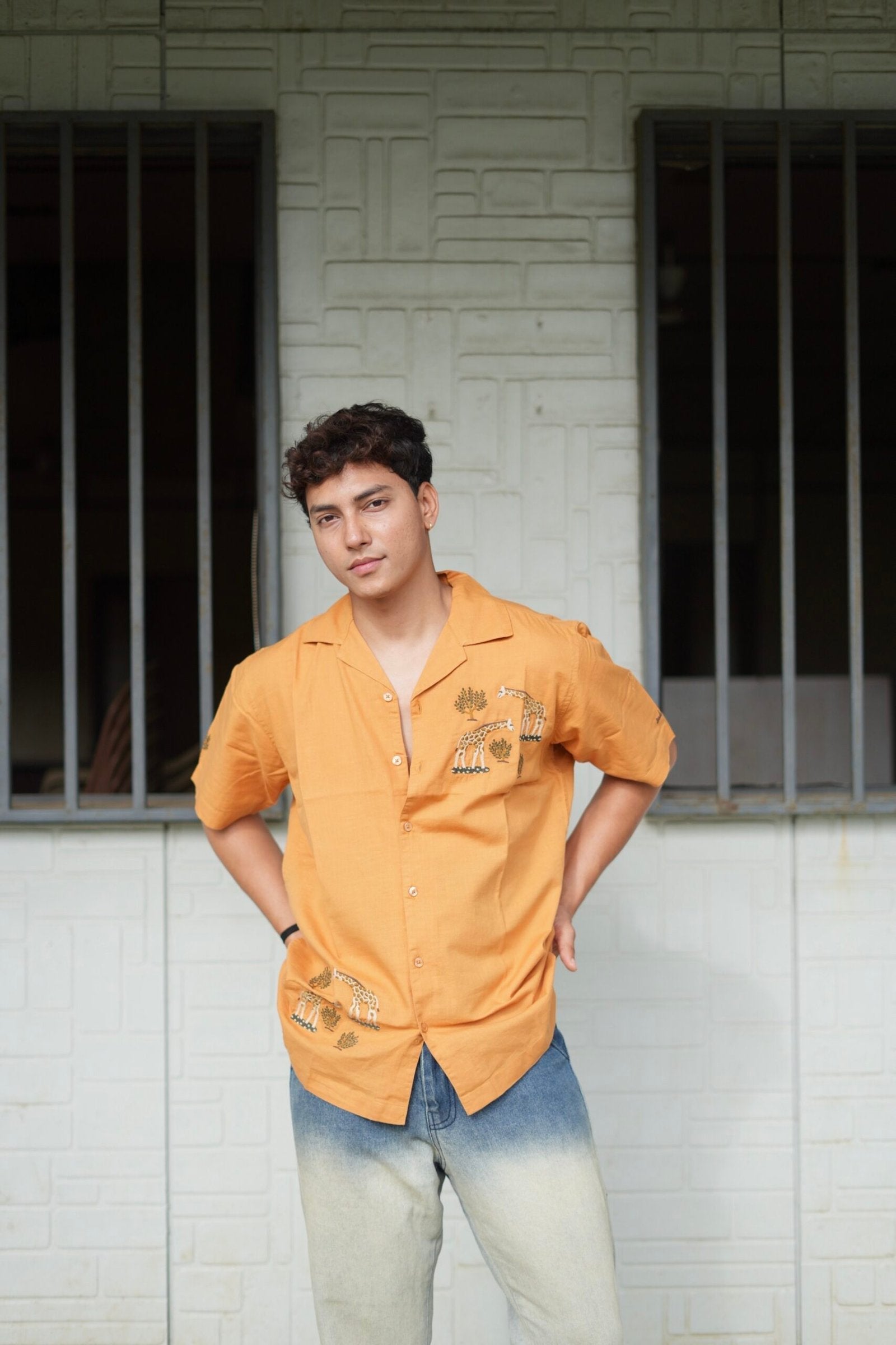 Mustard Yellow Giraffe Grove Cuban Collar Shirt With Tree Embroidery image 0