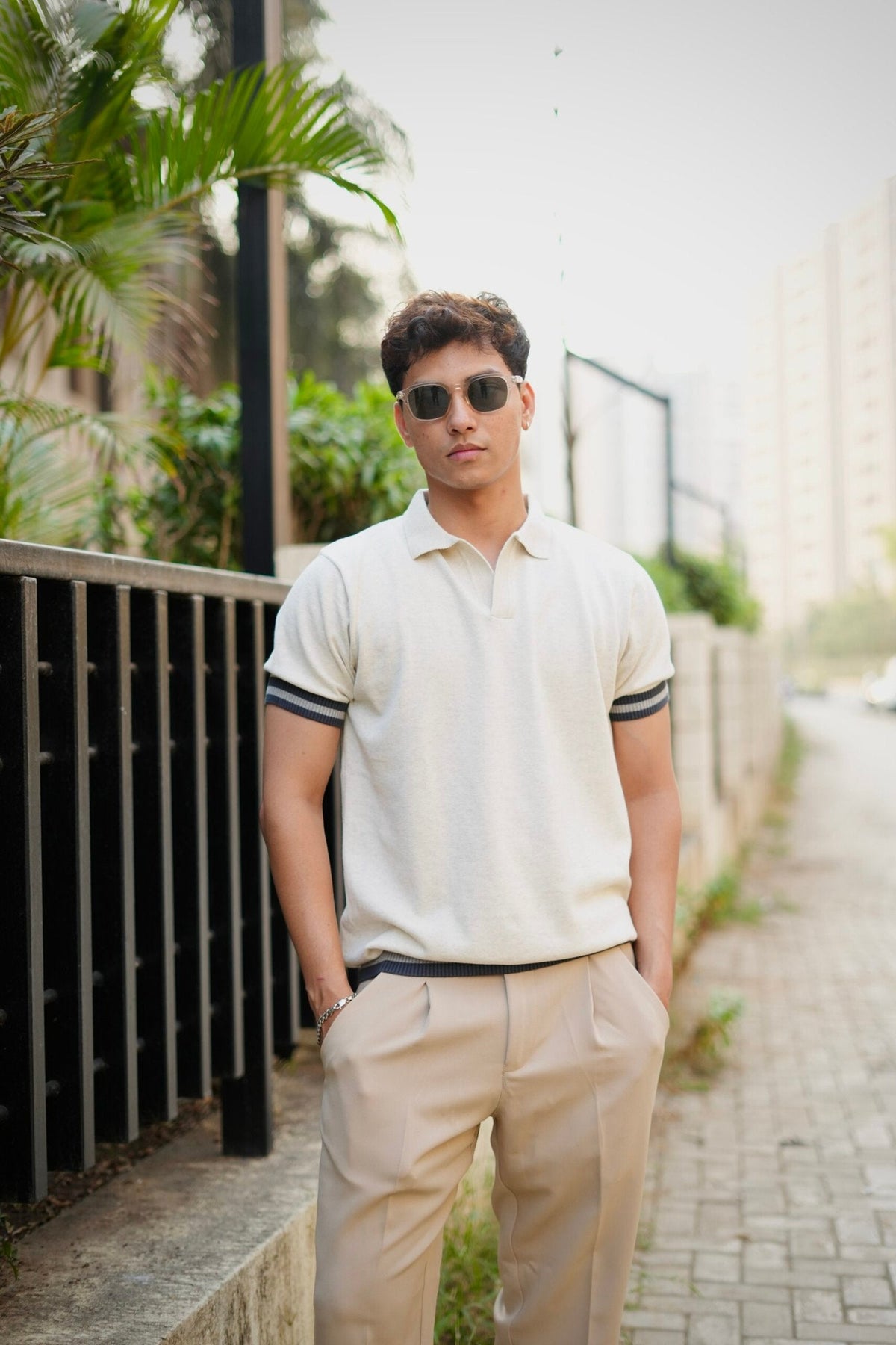 Knitted Polo T-Shirt – Off-White with Charcoal Rib image 0