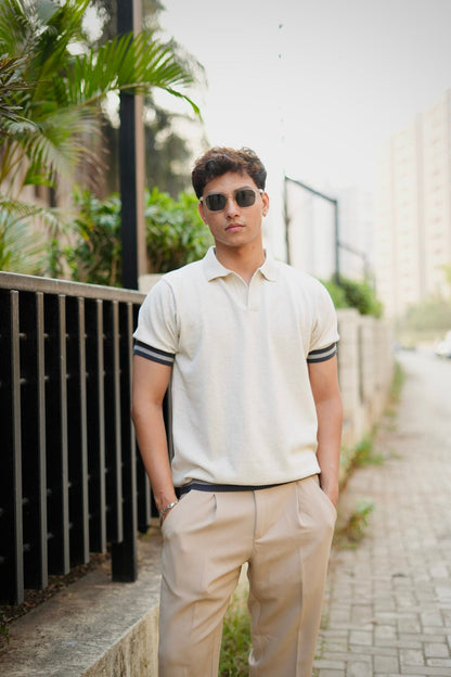 Knitted Polo T-Shirt – Off-White with Charcoal Rib image 0
