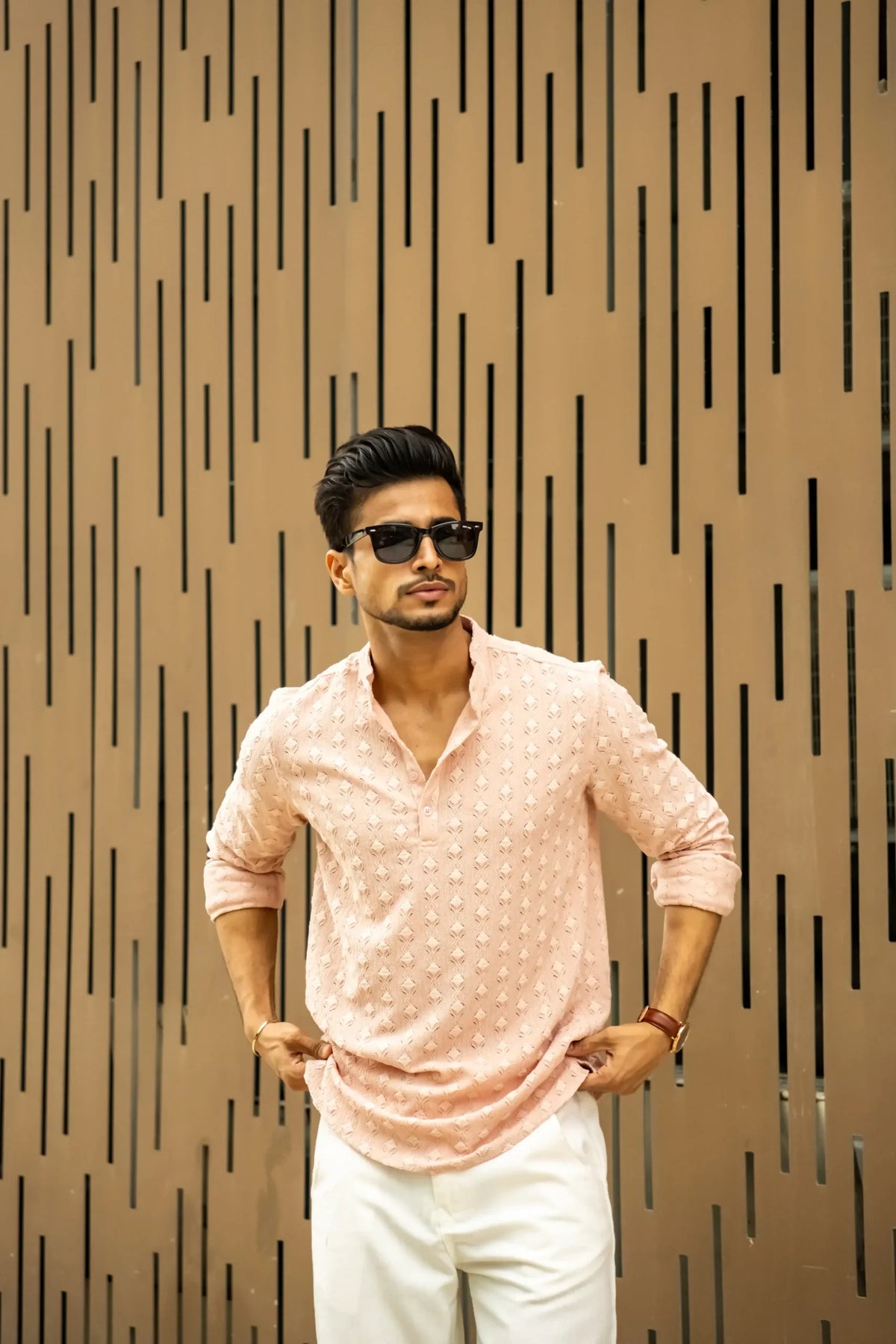 Structured Peach Full Sleeves Short Kurta image 3