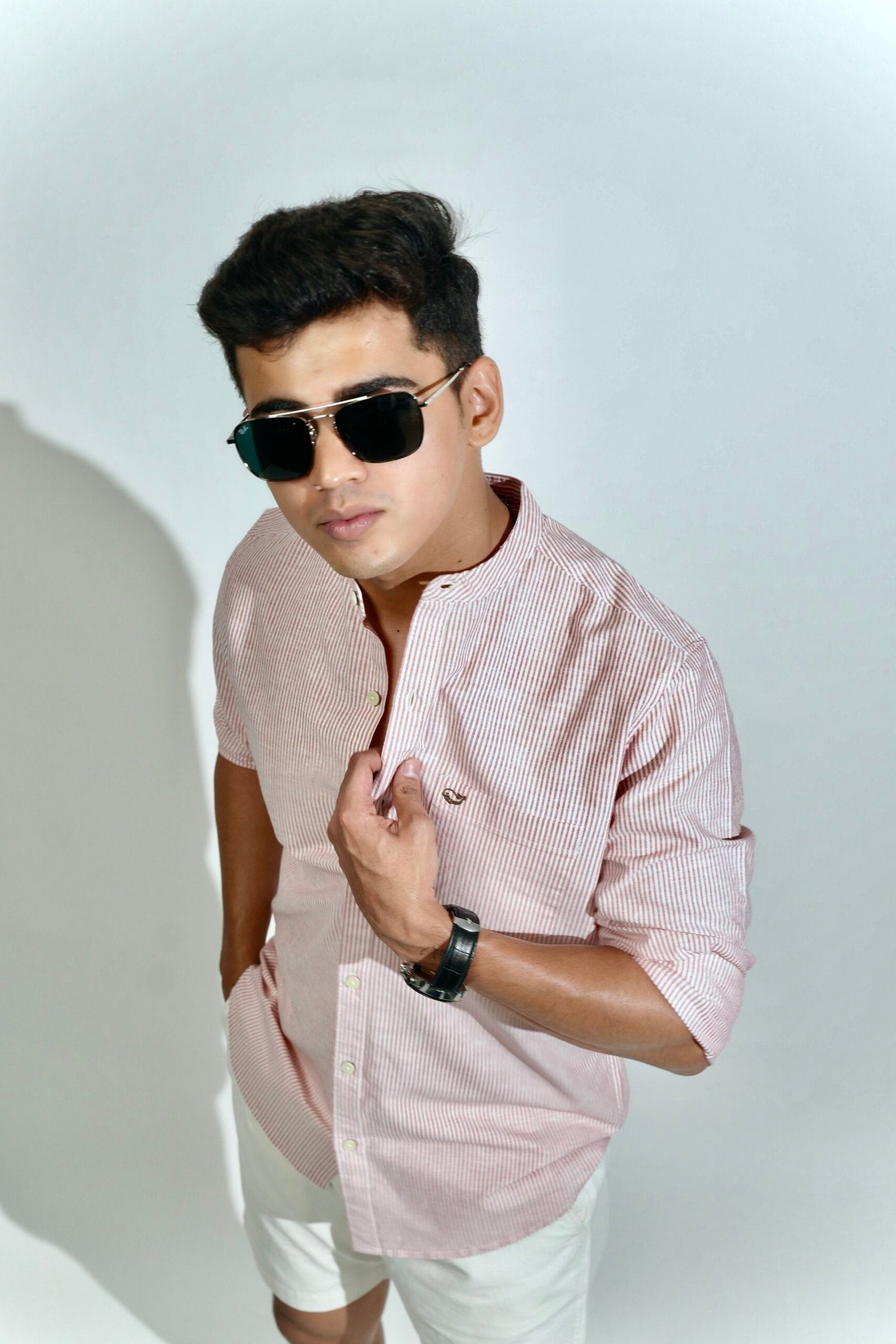 Cotton Linen Chinese Collar Red And White Stripes Shirt image 0