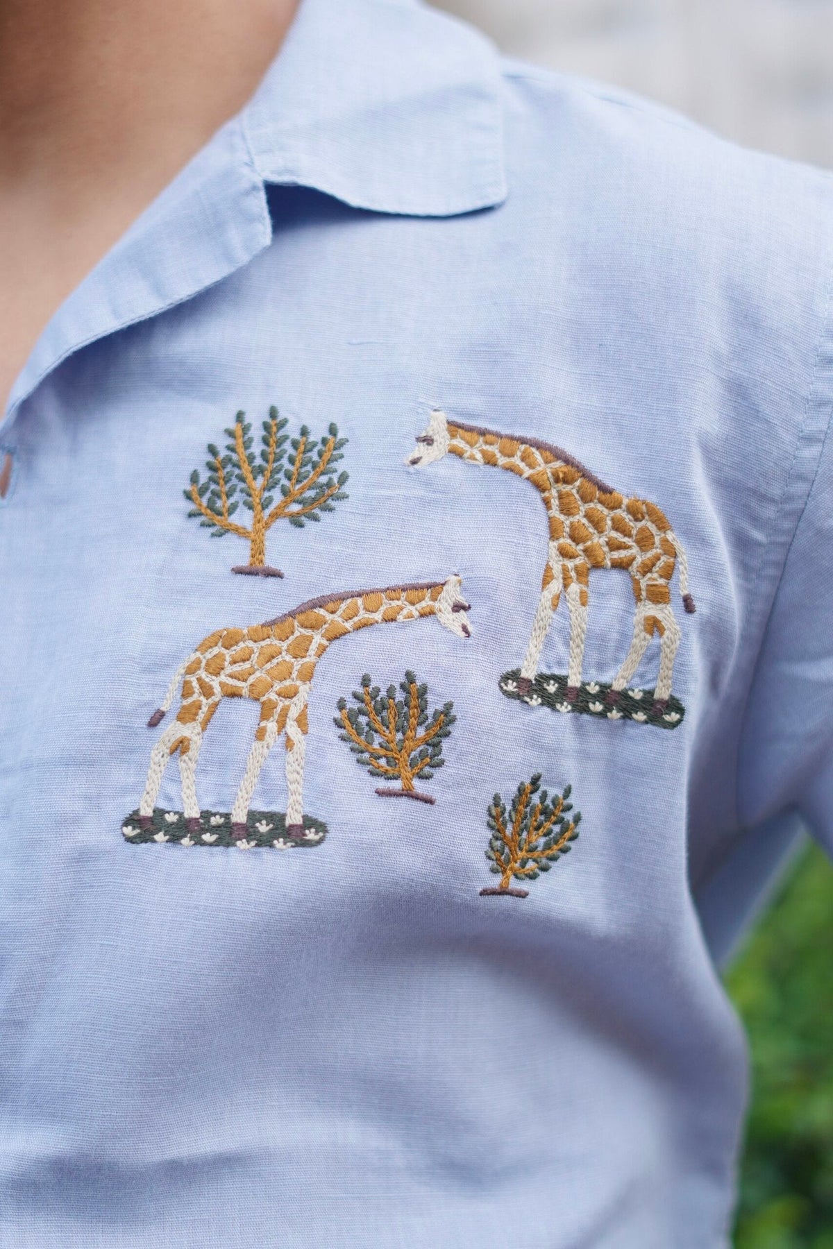 Light Blue Giraffe Grove Cuban Collar Shirt With Tree Embroidery image 5