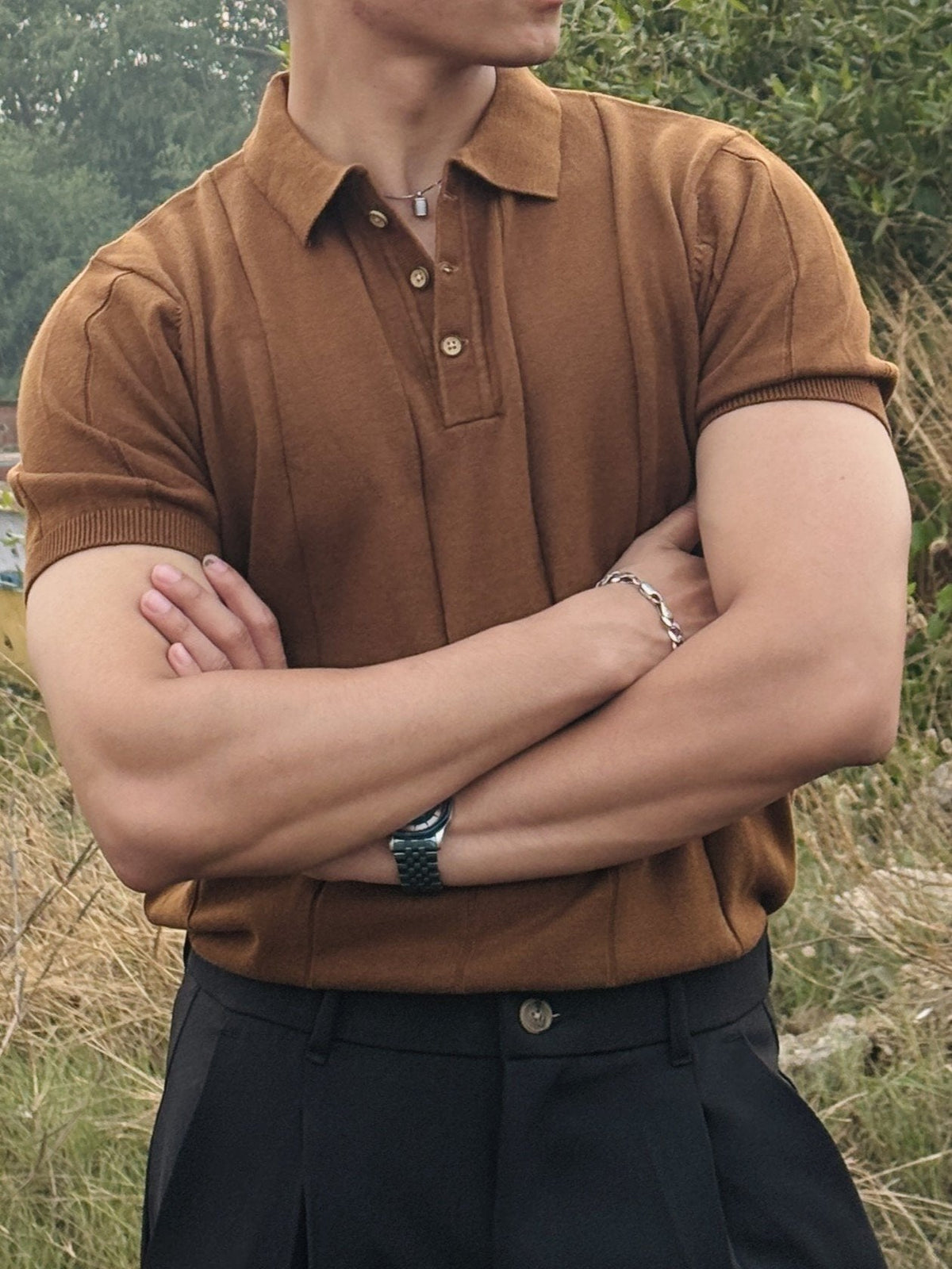 Dark Brown Knitted Polo T-Shirt image 2