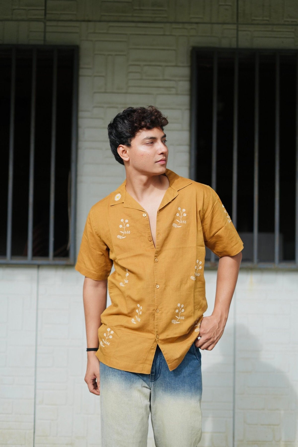 Mustard Yellow Cuban Collar Shirt With Minimal Floral Embroidery image 0
