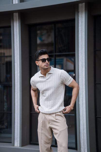 RIBBED KNITTED OFF WHITE HALF SLEEVES POLO T-SHIRT image 4
