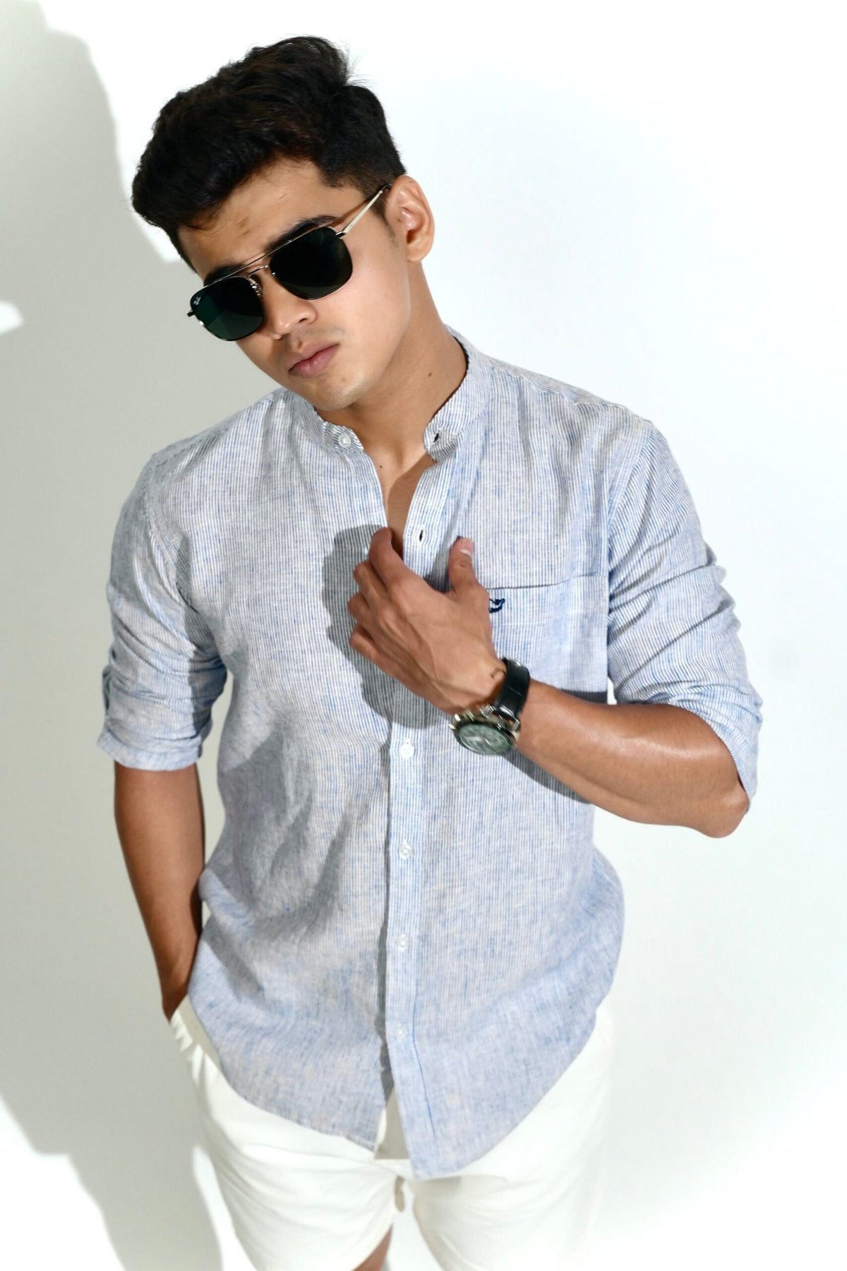 Cotton Linen Chinese Collar Blue And White Stripes Shirt image 3