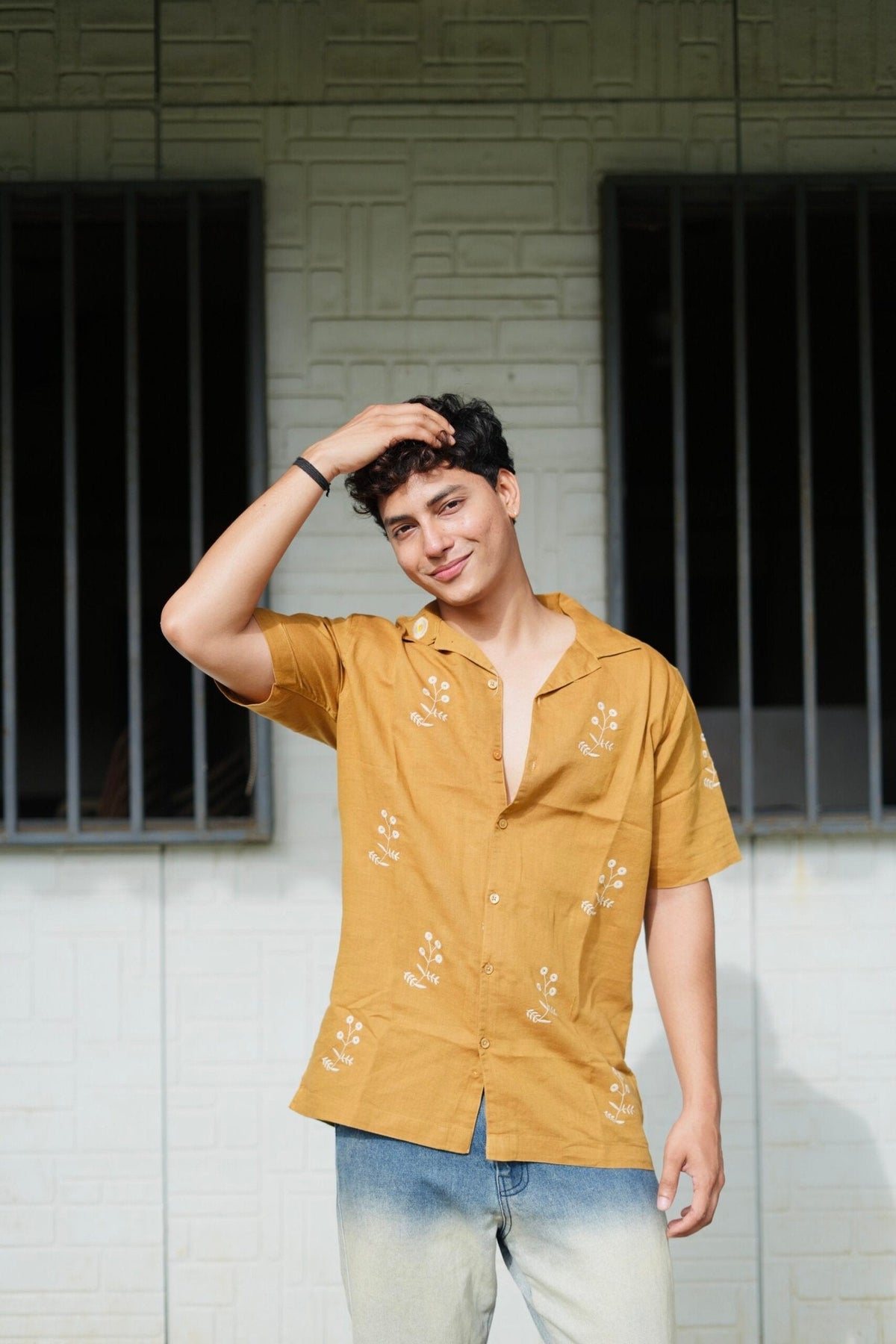 Mustard Yellow Cuban Collar Shirt With Minimal Floral Embroidery image 1