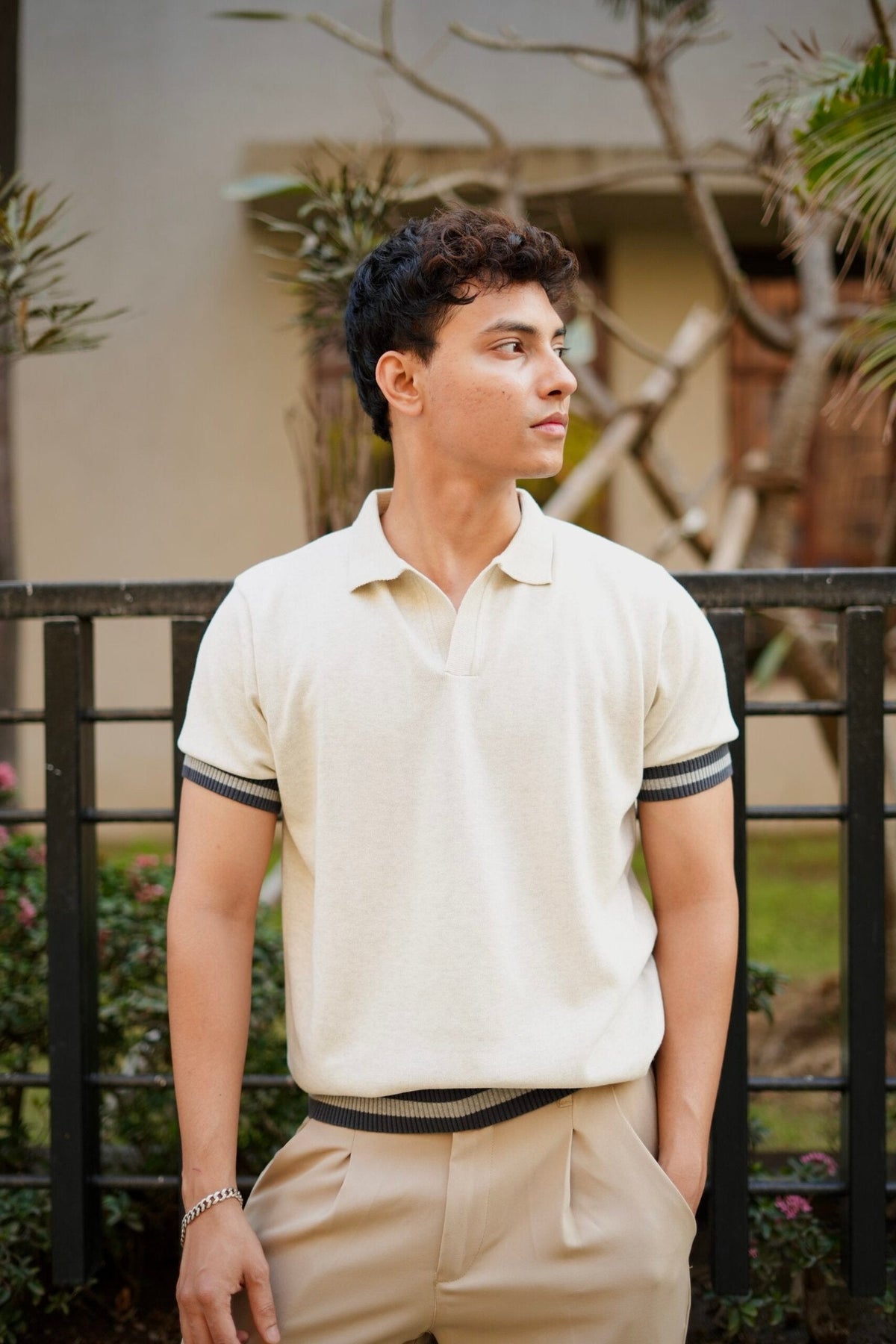 Knitted Polo T-Shirt – Off-White with Charcoal Rib image 4