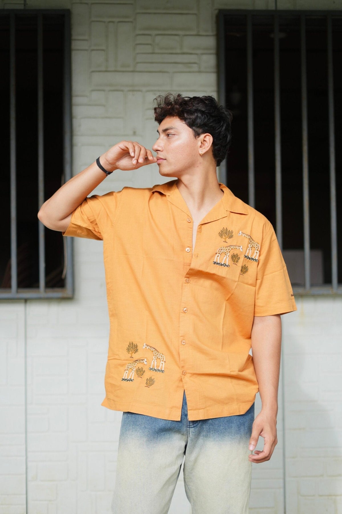 Mustard Yellow Giraffe Grove Cuban Collar Shirt With Tree Embroidery image 1