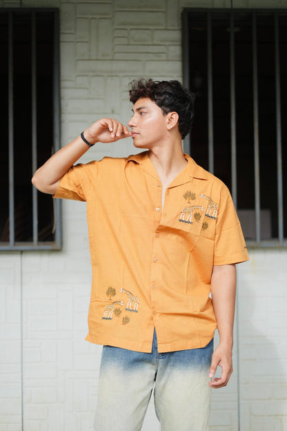 Mustard Yellow Giraffe Grove Cuban Collar Shirt With Tree Embroidery image 1
