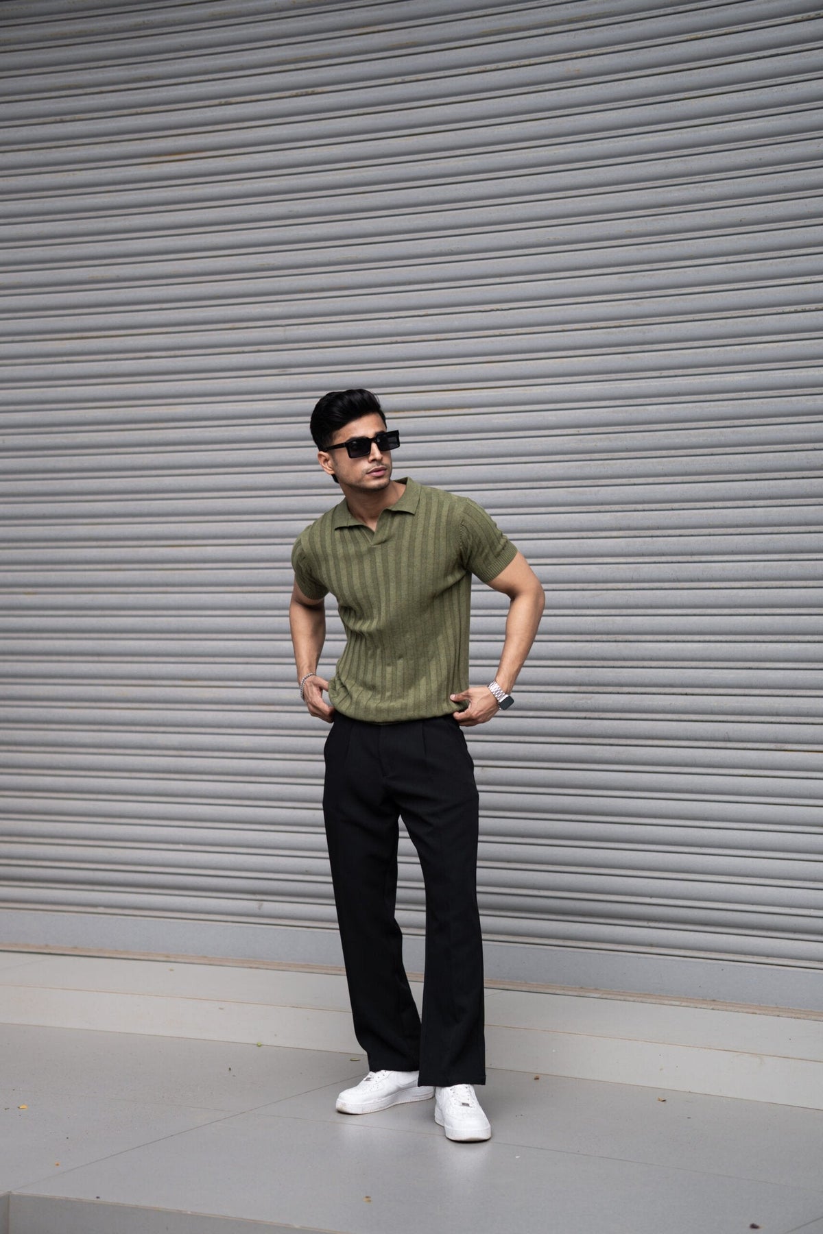 RIBBED KNITTED OLIVE HALF SLEEVES POLO T-SHIRT image 0