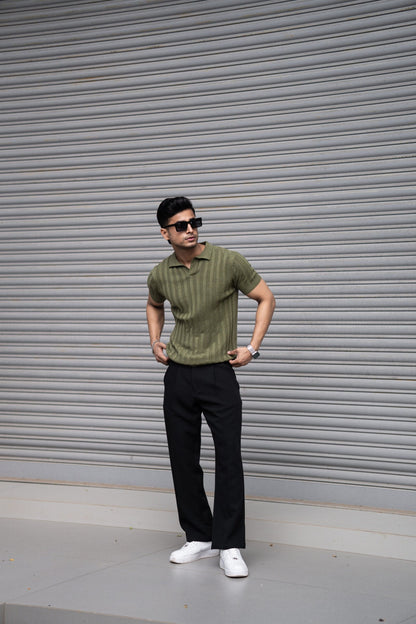 RIBBED KNITTED OLIVE HALF SLEEVES POLO T-SHIRT image 0
