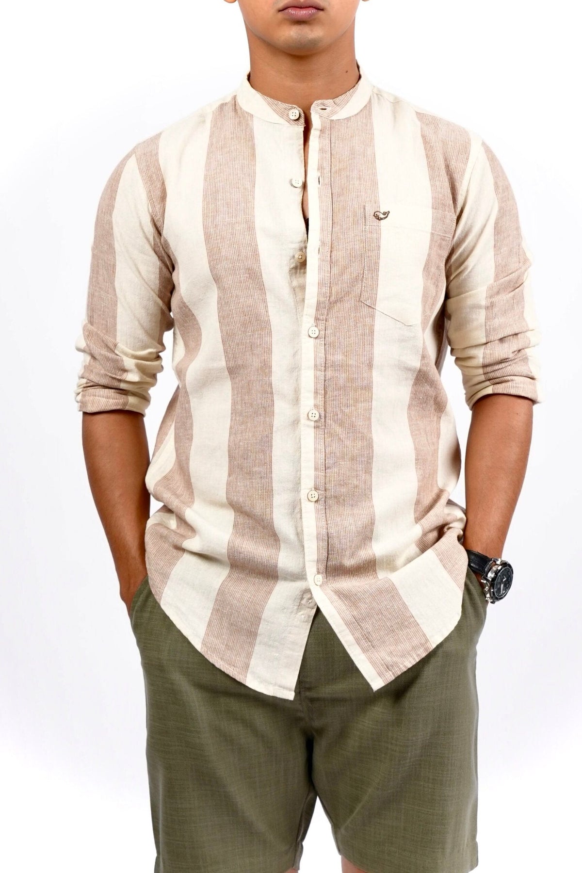 Cotton Linen Chinese Collar Beige And Brown Stripes Shirt image 2