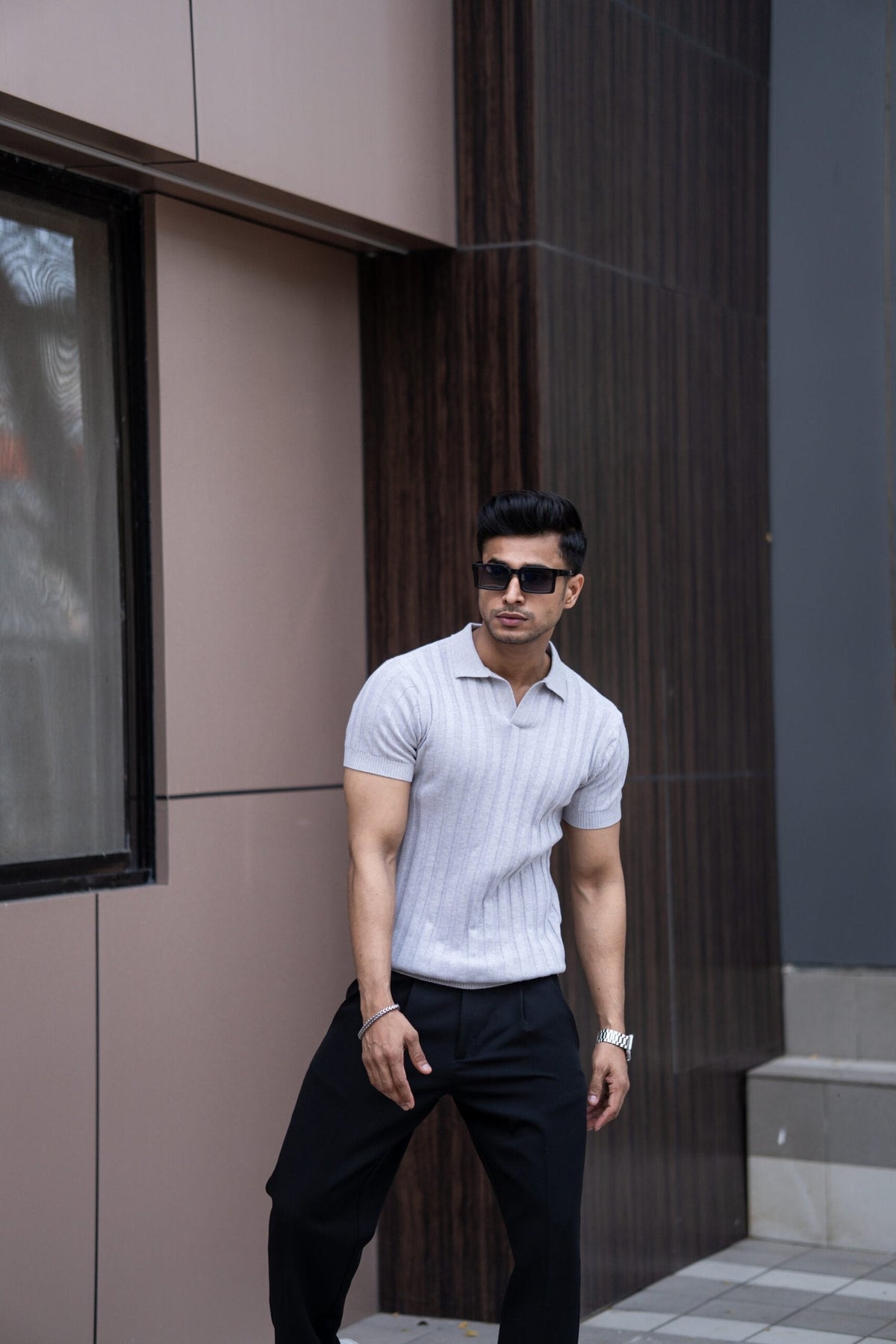 RIBBED KNITTED LIGHT GREY HALF SLEEVES POLO T-SHIRT image 2