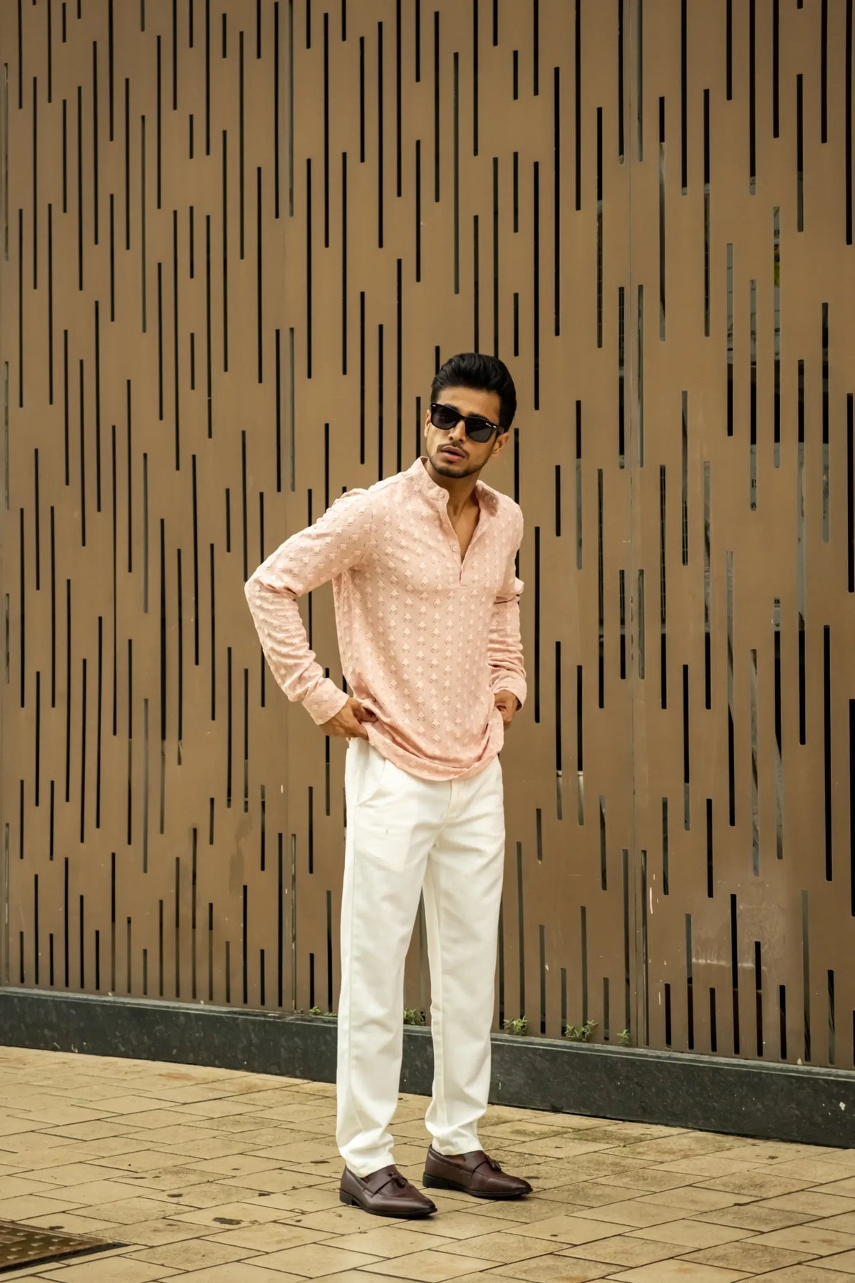 Structured Peach Full Sleeves Short Kurta image 1