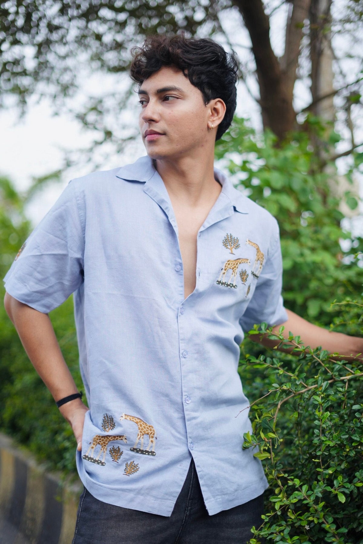 Light Blue Giraffe Grove Cuban Collar Shirt With Tree Embroidery image 0