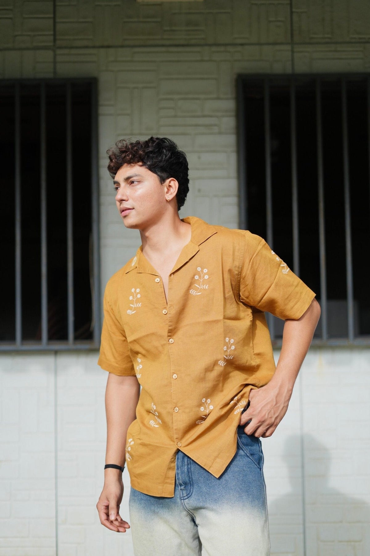 Mustard Yellow Cuban Collar Shirt With Minimal Floral Embroidery image 6