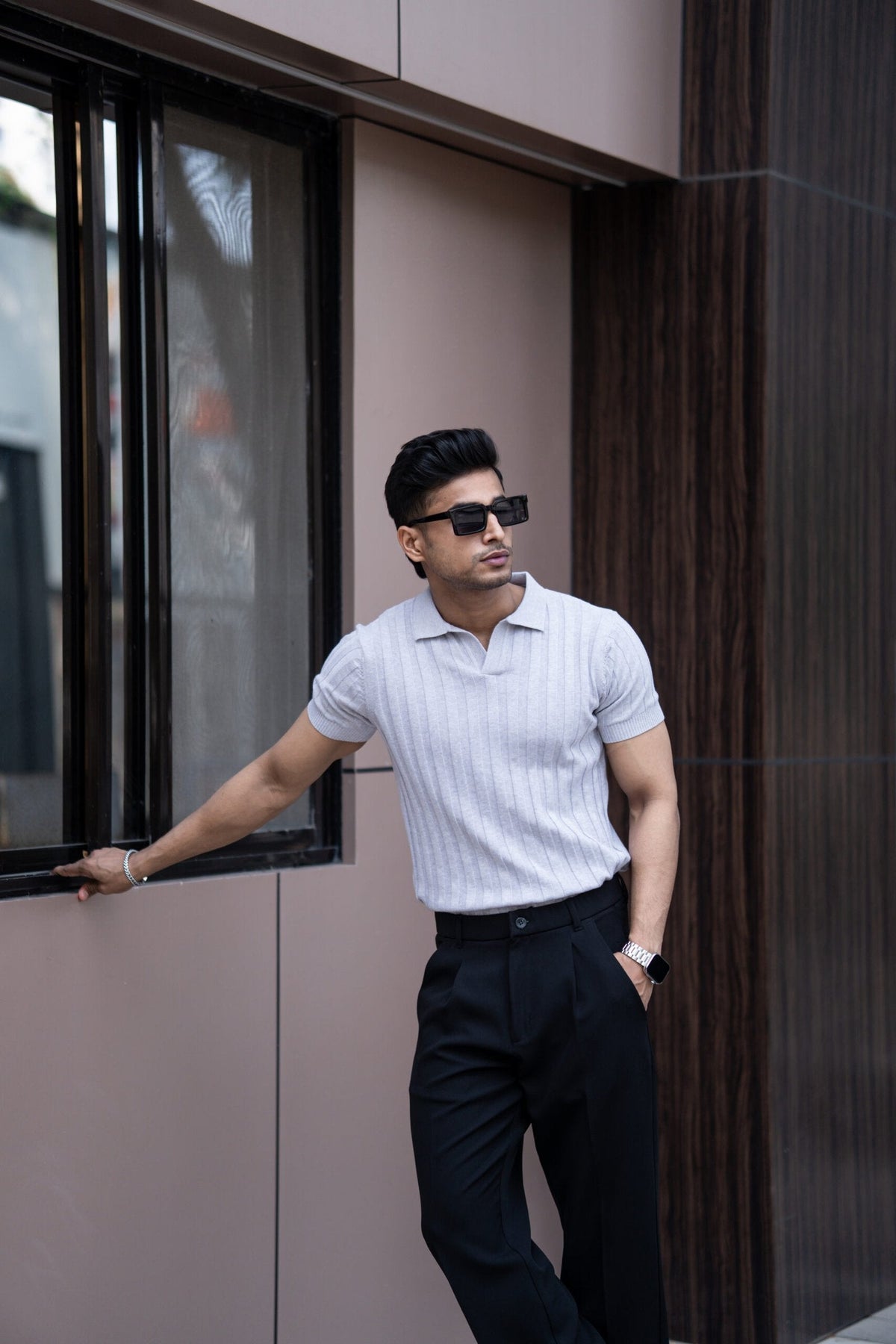 RIBBED KNITTED LIGHT GREY HALF SLEEVES POLO T-SHIRT image 4