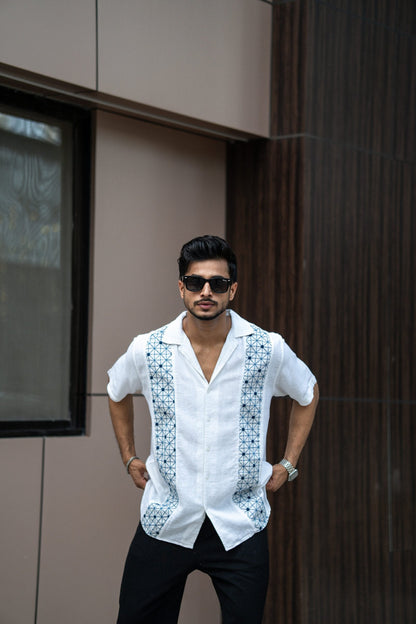 WHITE PANEL EMBRODIERY HALF SLEEVES SHIRT image 2