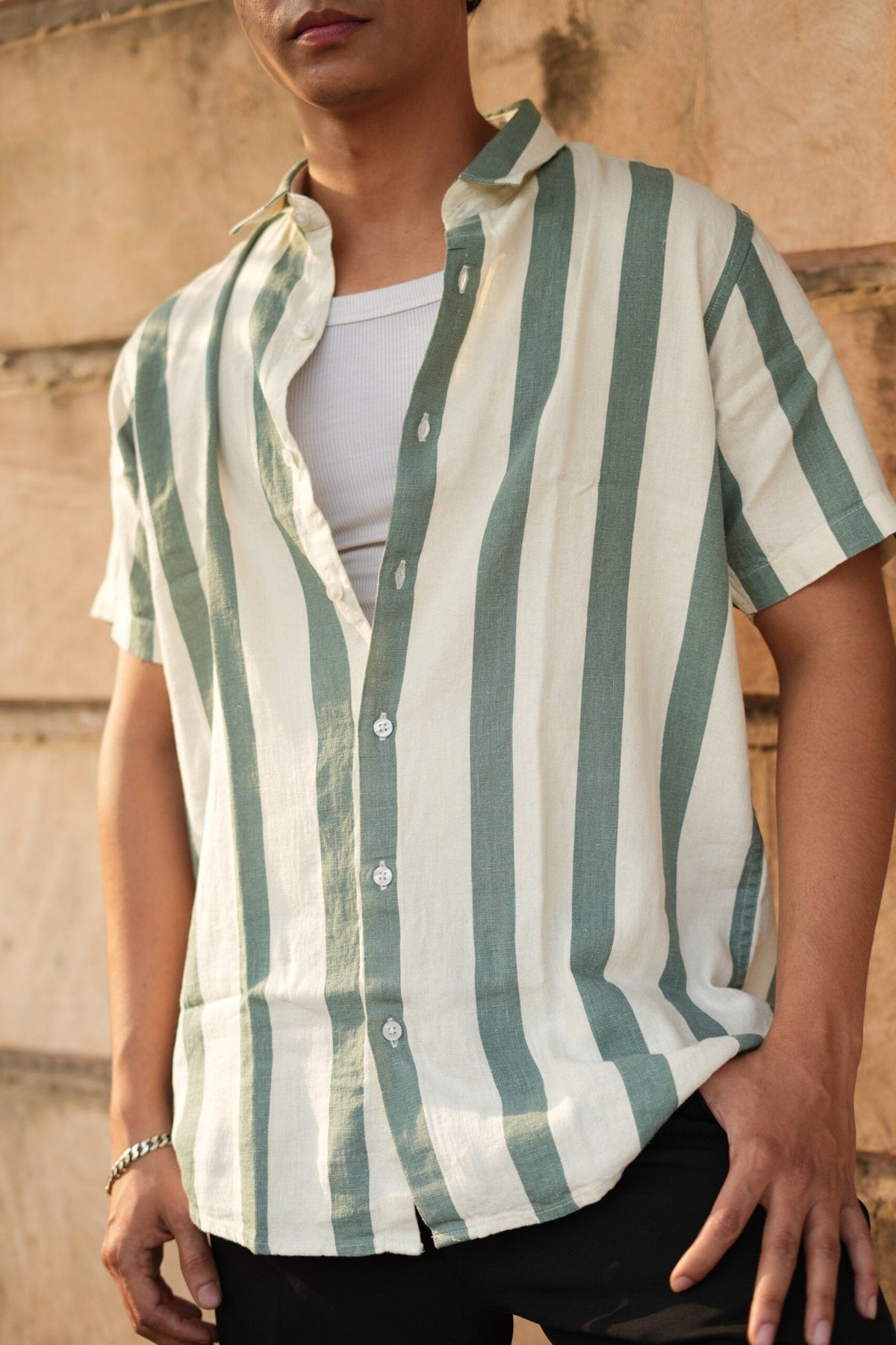 DUSKY WHITE AND GREEN STRIPES HALF SLEEVES SHIRT image 1